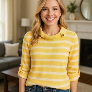 Christopher & Banks Striped Yellow & White Sweater Button Accents Neck & Slv - L